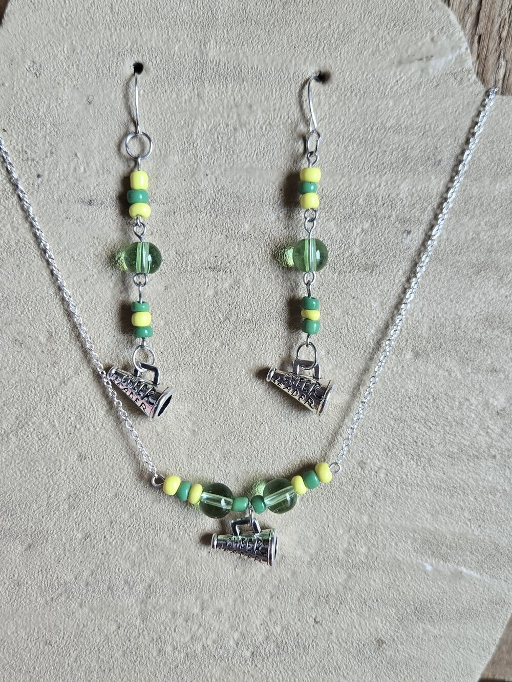 Cheerleader Necklace & Earrings Set | Green & Yellow Beaded Jewelry